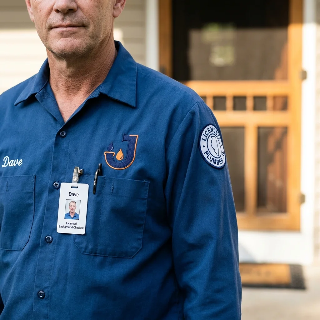 Licensed plumber showing ID badge in Burlington, ND