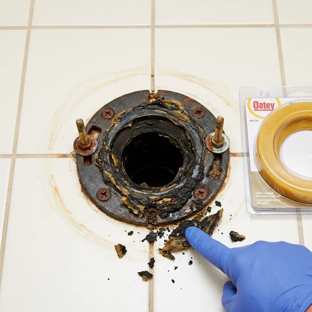 Failed wax ring showing water seepage at the base of a toilet in a Burlington, ND home