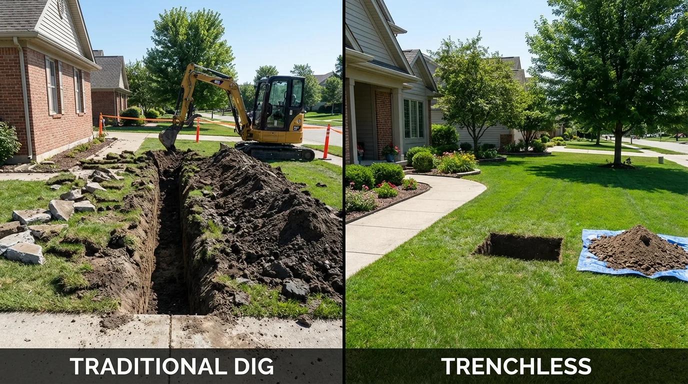 Trenchless sewer repair with minimal yard damage versus traditional excavation in Burlington, ND