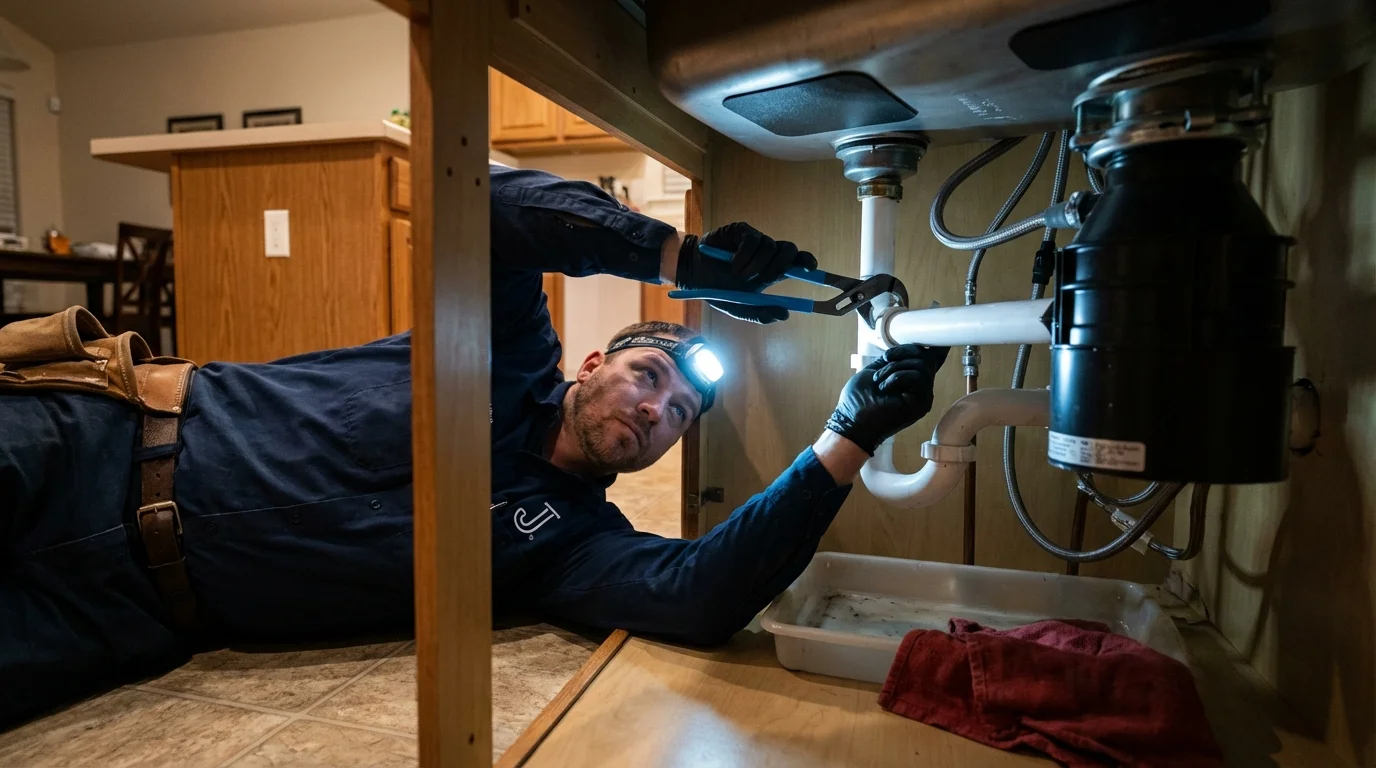 P-trap and supply line connections under a kitchen sink showing a common leak point in Burlington, ND